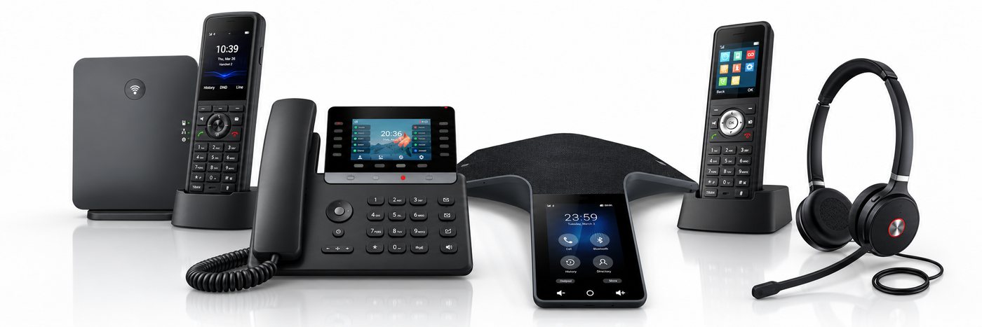 Business VoIP phones set up by One-Stop for 3CX phone systems, including a color-screen desk phone, cordless handsets with a base station, a conference phone and a wireless headset