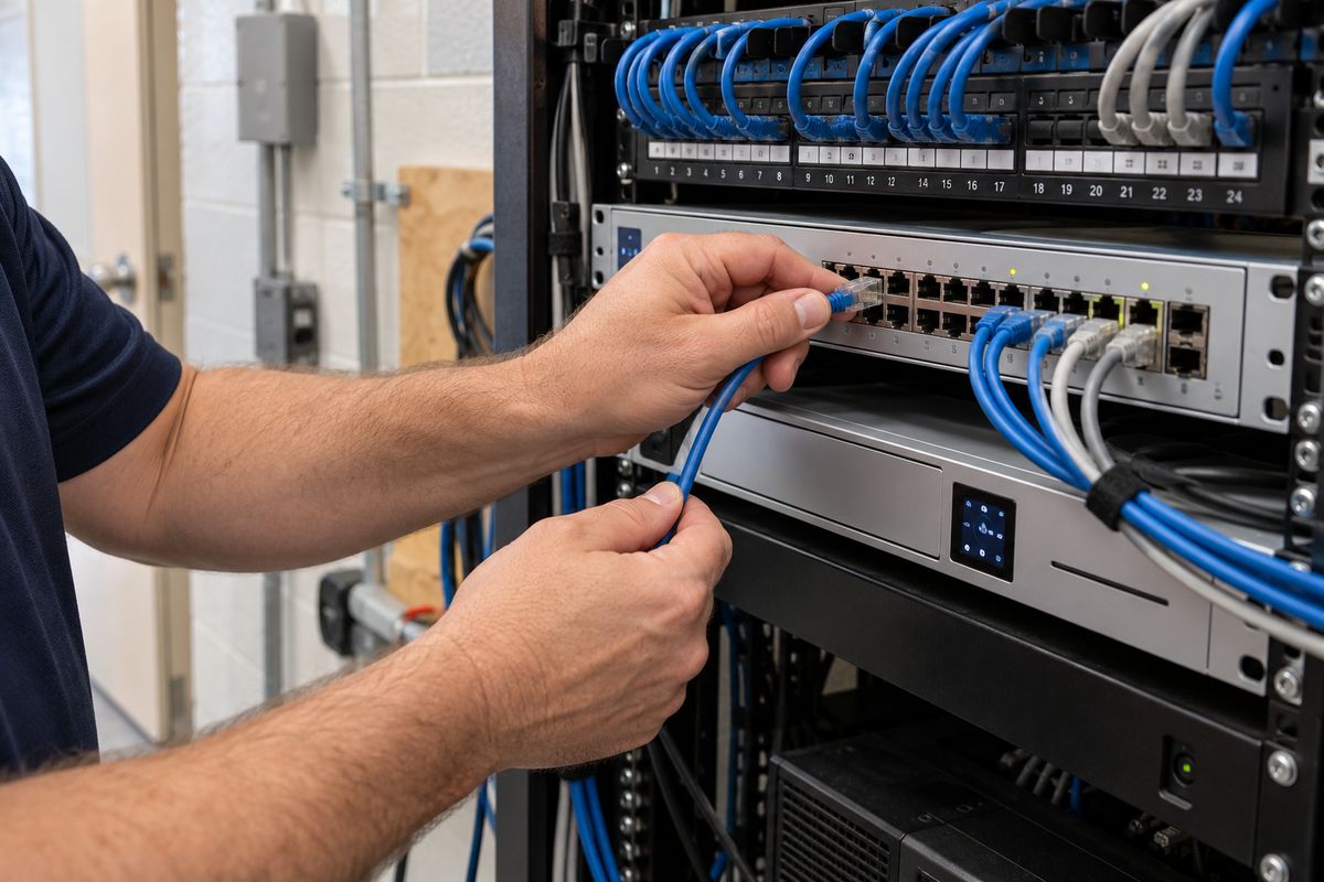 A technician connecting a network cable to a switch in a business network rack below a labeled patch panel